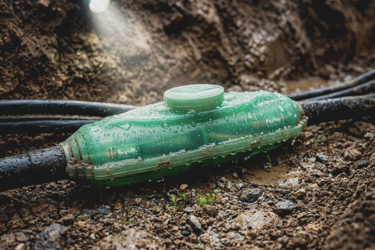 Empalme verde de resina enterrado bajo tierra lleno de barro y agua iluminado por una linterna superior.